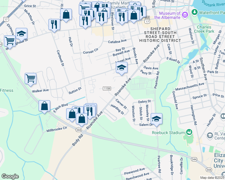 map of restaurants, bars, coffee shops, grocery stores, and more near 311 Paxton Street in Elizabeth City