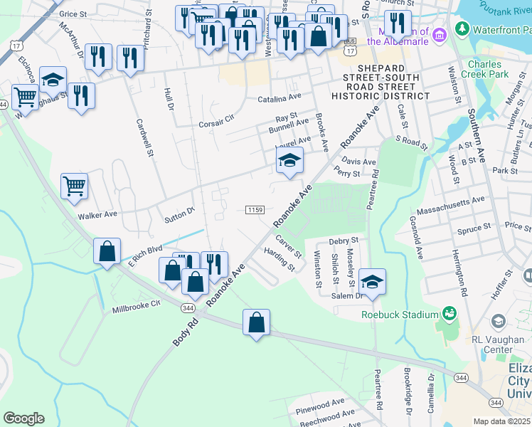 map of restaurants, bars, coffee shops, grocery stores, and more near 313 Paxton Street in Elizabeth City