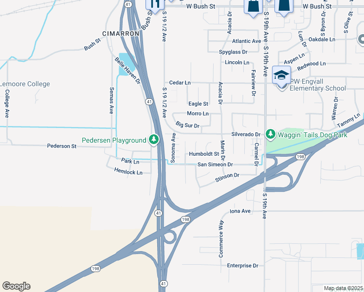 map of restaurants, bars, coffee shops, grocery stores, and more near 695 Crescent Lane in Lemoore