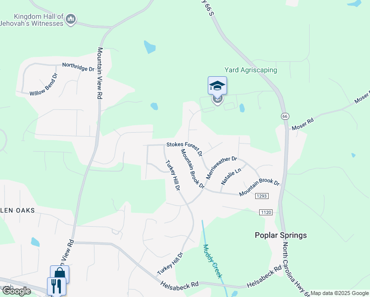 map of restaurants, bars, coffee shops, grocery stores, and more near 225 Stokes Forest Drive in King