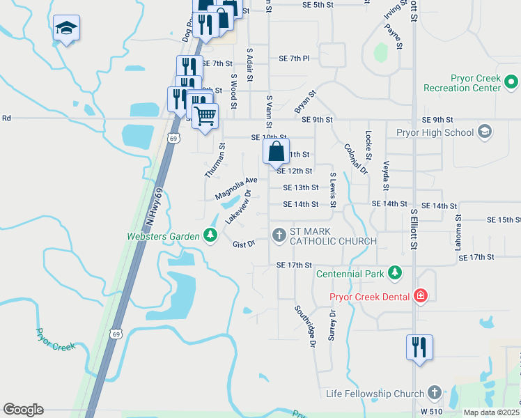 map of restaurants, bars, coffee shops, grocery stores, and more near 230 Southeast 15th Court in Pryor