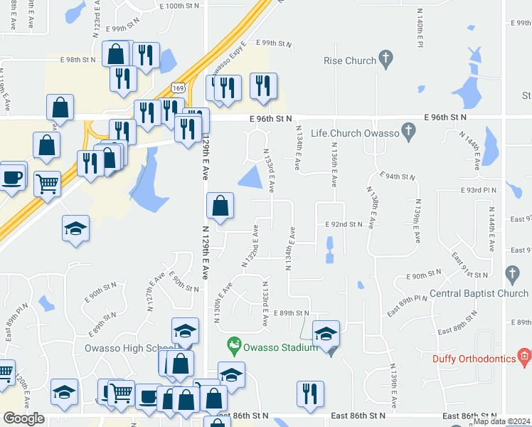 map of restaurants, bars, coffee shops, grocery stores, and more near 13205 East 92nd Place North in Owasso