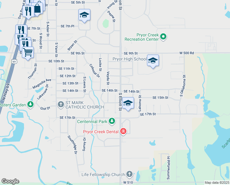 map of restaurants, bars, coffee shops, grocery stores, and more near 1400 Meadow Trace Drive in Pryor