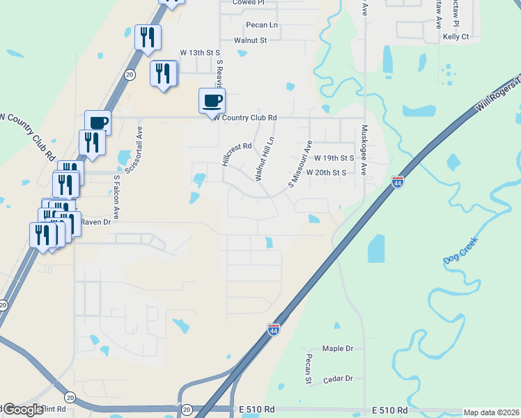 map of restaurants, bars, coffee shops, grocery stores, and more near 2104 Norway Court in Claremore