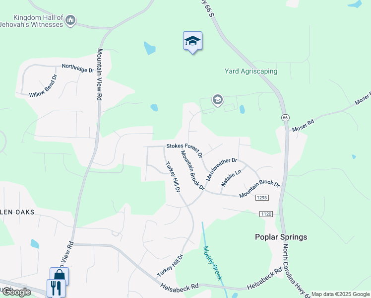 map of restaurants, bars, coffee shops, grocery stores, and more near 225 Stokes Forest Drive in King