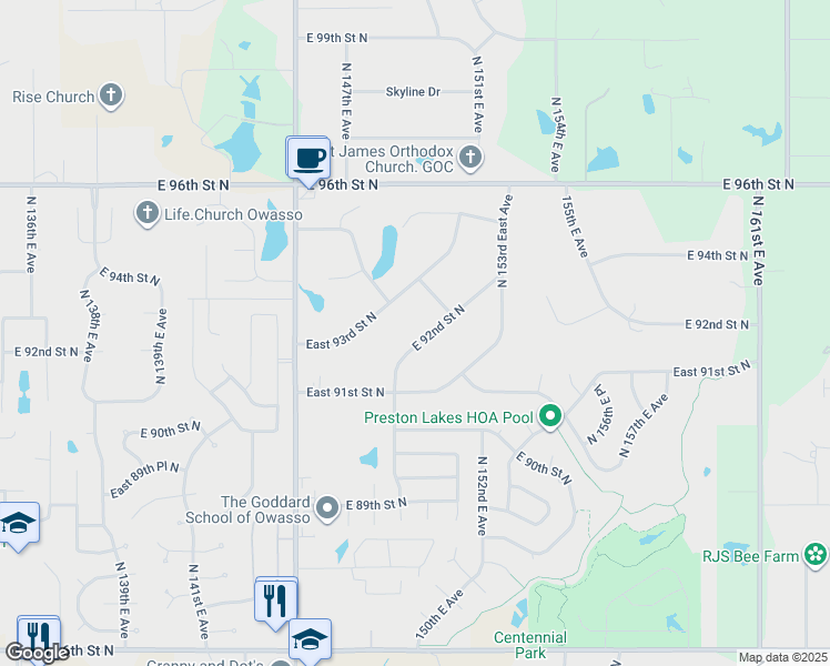 map of restaurants, bars, coffee shops, grocery stores, and more near 14853 East 92nd Street North in Owasso