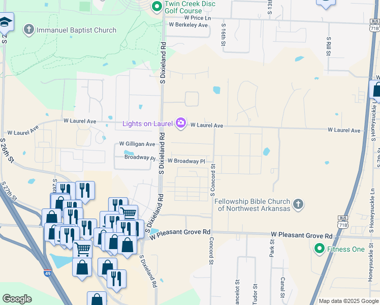 map of restaurants, bars, coffee shops, grocery stores, and more near S Dixieland Rd in Rogers
