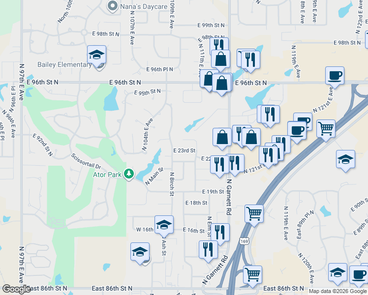 map of restaurants, bars, coffee shops, grocery stores, and more near 306 East 23rd Street in Owasso