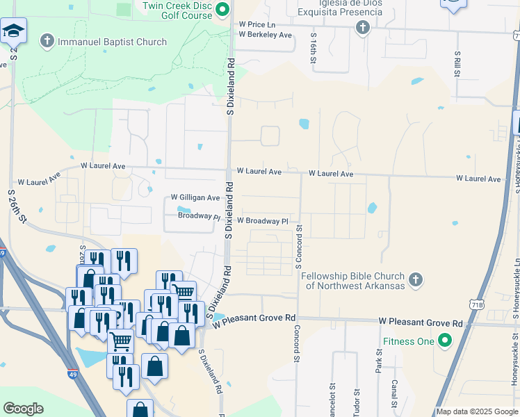 map of restaurants, bars, coffee shops, grocery stores, and more near 1727 West Whitney Lane in Rogers