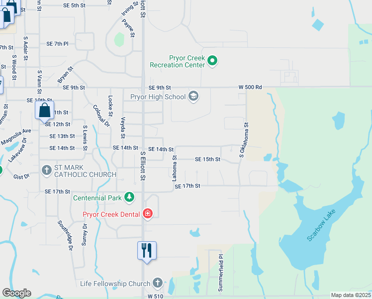 map of restaurants, bars, coffee shops, grocery stores, and more near 1017 Southeast 15th Street in Pryor