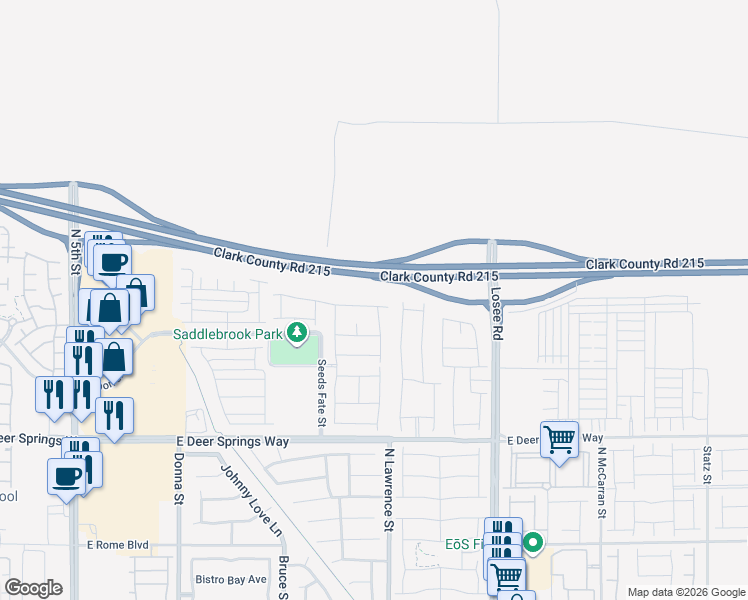 map of restaurants, bars, coffee shops, grocery stores, and more near Bruce Woodbury Beltway in North Las Vegas