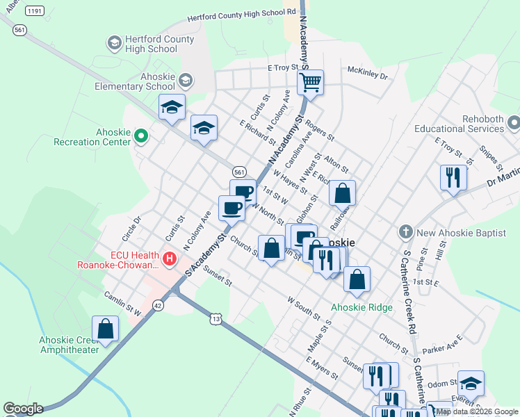 map of restaurants, bars, coffee shops, grocery stores, and more near West North Street in Ahoskie