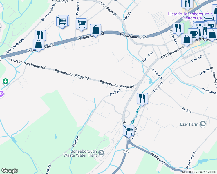 map of restaurants, bars, coffee shops, grocery stores, and more near 205 Landon Trail in Jonesborough