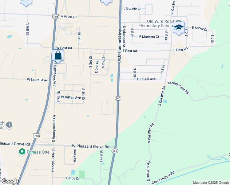 map of restaurants, bars, coffee shops, grocery stores, and more near 3512 South 1st Street in Rogers