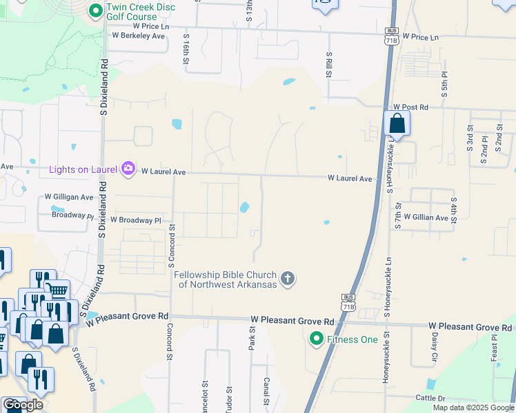 map of restaurants, bars, coffee shops, grocery stores, and more near 1278 West Laurel Avenue in Rogers