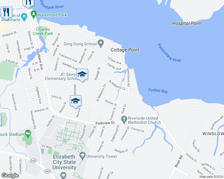 map of restaurants, bars, coffee shops, grocery stores, and more near 1105 East Williams Circle in Elizabeth City