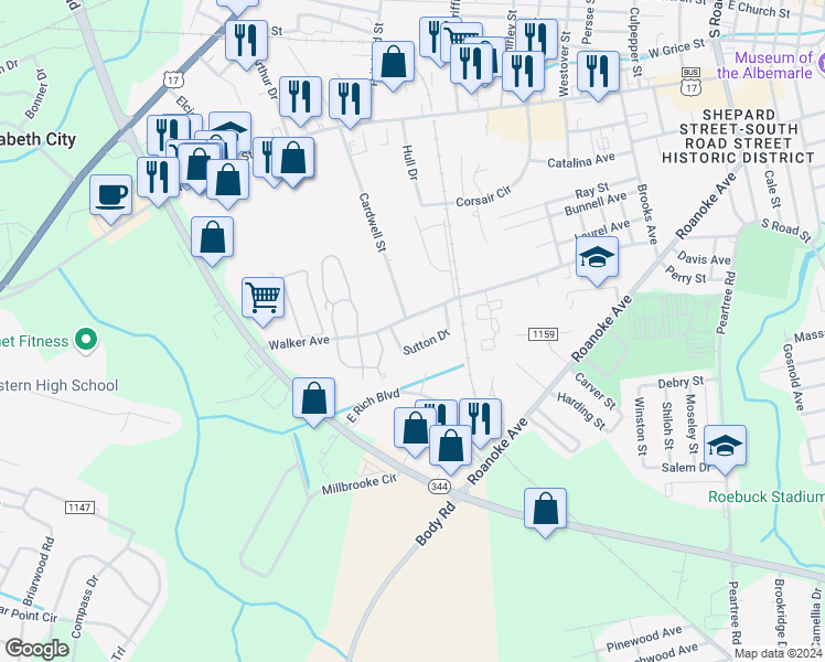 map of restaurants, bars, coffee shops, grocery stores, and more near 110 Stallings Court in Elizabeth City