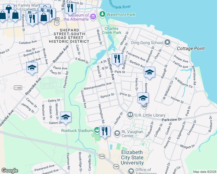 map of restaurants, bars, coffee shops, grocery stores, and more near 1204 Highland Avenue in Elizabeth City