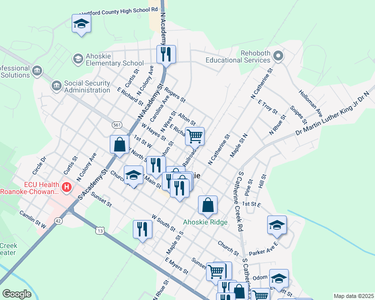 map of restaurants, bars, coffee shops, grocery stores, and more near 314 Railroad Street in Ahoskie