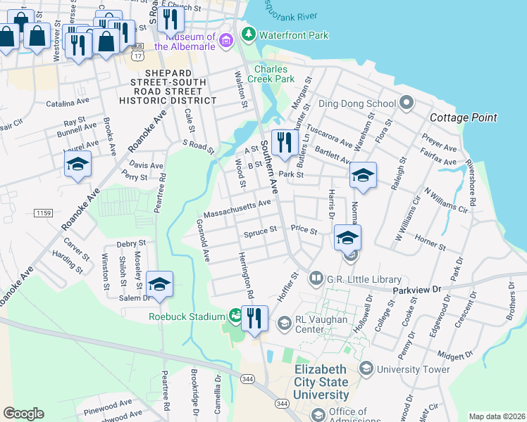 map of restaurants, bars, coffee shops, grocery stores, and more near 511 Hemlock Street in Elizabeth City