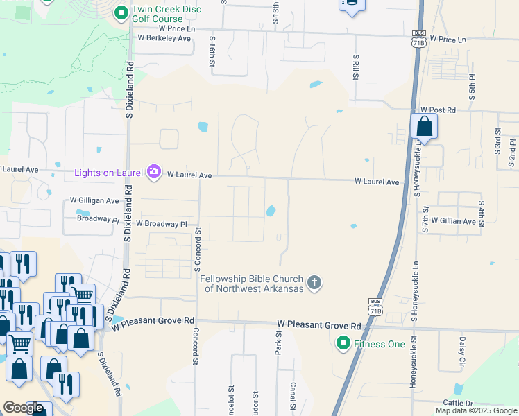 map of restaurants, bars, coffee shops, grocery stores, and more near 1278 West Laurel Avenue in Rogers