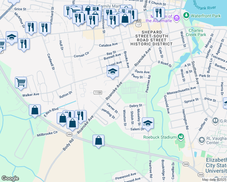 map of restaurants, bars, coffee shops, grocery stores, and more near 606 Roanoke Avenue in Elizabeth City