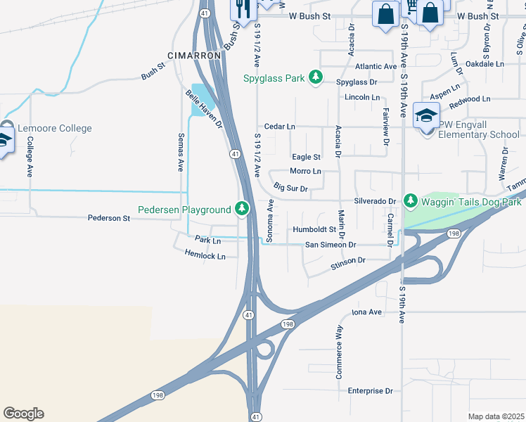 map of restaurants, bars, coffee shops, grocery stores, and more near 12600-12798 Highway 41 in Lemoore
