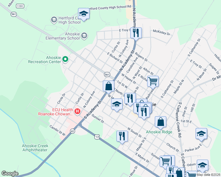 map of restaurants, bars, coffee shops, grocery stores, and more near 520 West Main Street in Ahoskie