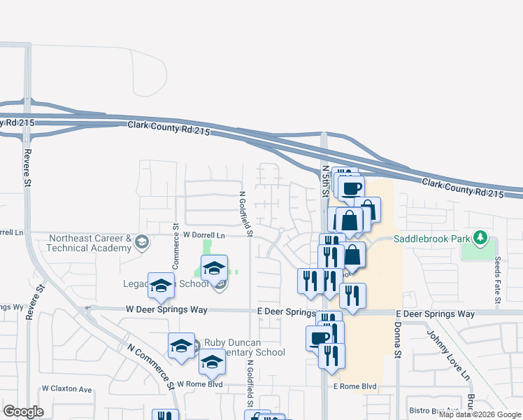 map of restaurants, bars, coffee shops, grocery stores, and more near 107 Heathrow Lake Avenue in North Las Vegas
