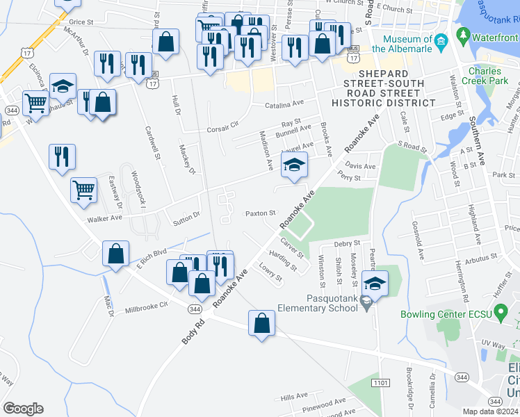 map of restaurants, bars, coffee shops, grocery stores, and more near 324 Paxton Street in Elizabeth City