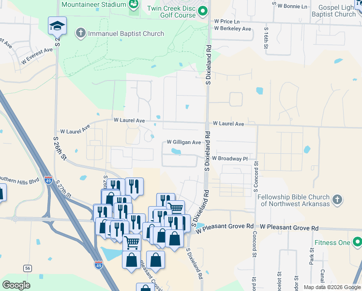 map of restaurants, bars, coffee shops, grocery stores, and more near 1904 West Brooks Place in Rogers