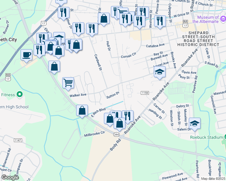 map of restaurants, bars, coffee shops, grocery stores, and more near 104 Stallings Court in Elizabeth City