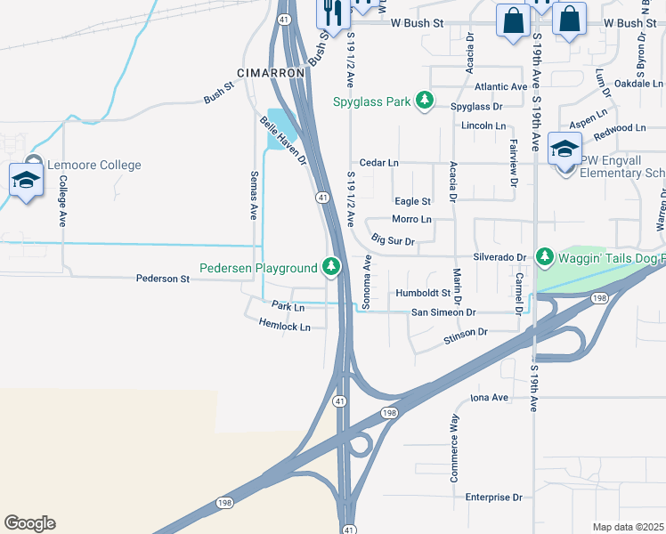 map of restaurants, bars, coffee shops, grocery stores, and more near 12600 California 41 in Lemoore
