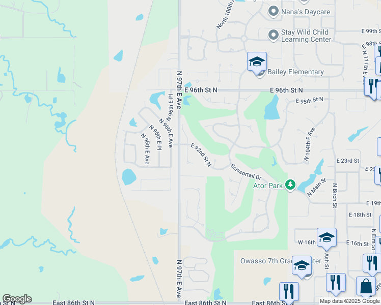 map of restaurants, bars, coffee shops, grocery stores, and more near 9217 North 98th East Court in Owasso