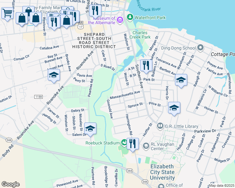 map of restaurants, bars, coffee shops, grocery stores, and more near 1114 Herrington Road in Elizabeth City