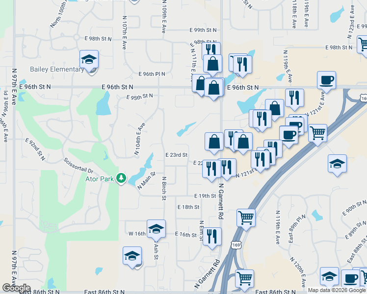 map of restaurants, bars, coffee shops, grocery stores, and more near 305 East 24th Court in Owasso