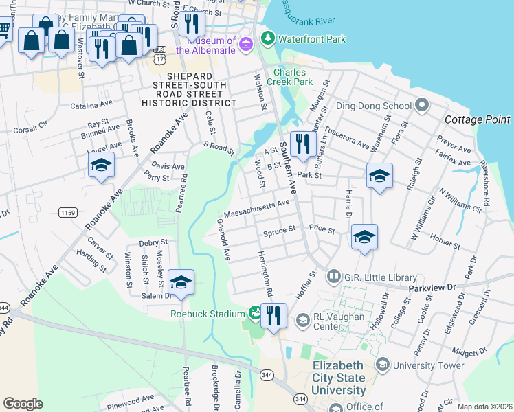 map of restaurants, bars, coffee shops, grocery stores, and more near 1124 Herrington Road in Elizabeth City