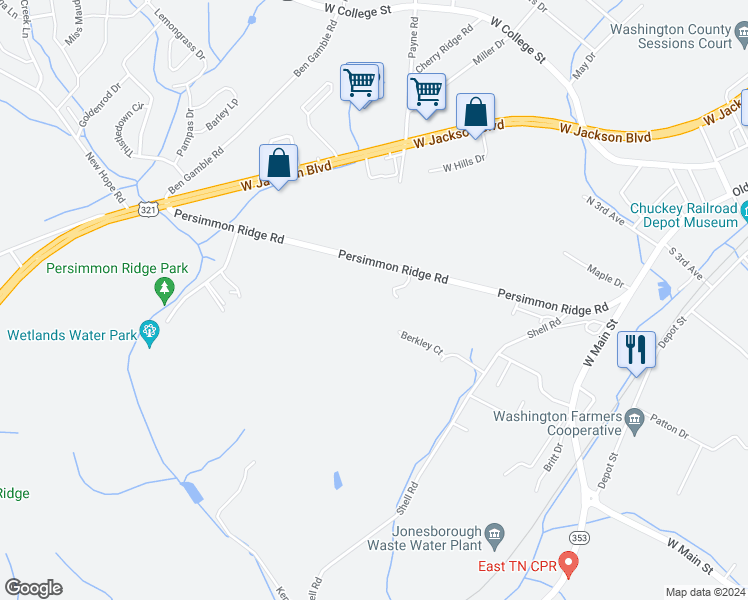 map of restaurants, bars, coffee shops, grocery stores, and more near 1113 Persimmon Ridge Road in Jonesborough