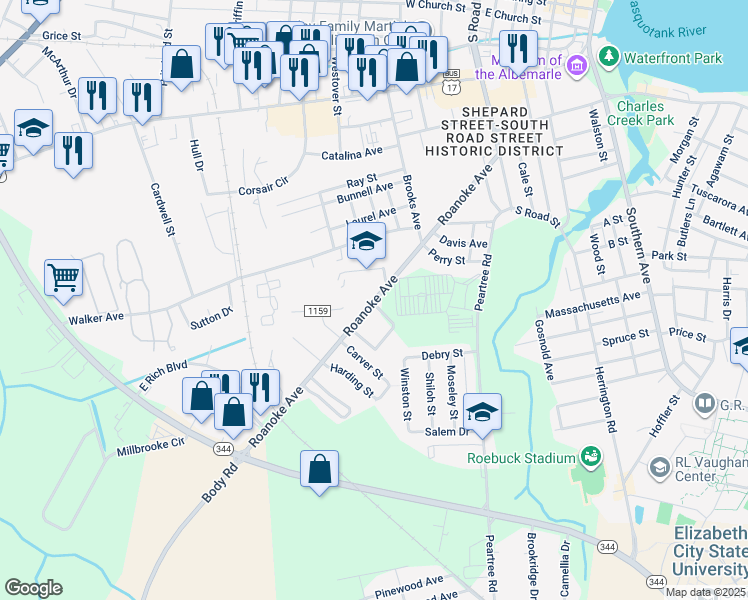 map of restaurants, bars, coffee shops, grocery stores, and more near 606 Roanoke Avenue in Elizabeth City