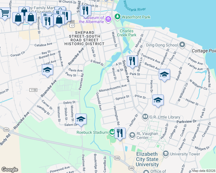 map of restaurants, bars, coffee shops, grocery stores, and more near 1114 Herrington Road in Elizabeth City