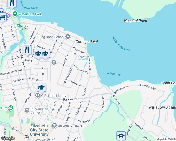 map of restaurants, bars, coffee shops, grocery stores, and more near Park Dr in Elizabeth City