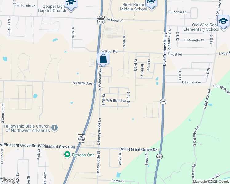 map of restaurants, bars, coffee shops, grocery stores, and more near 505 West Laurel Avenue in Rogers