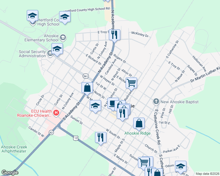 map of restaurants, bars, coffee shops, grocery stores, and more near 321 North West Street in Ahoskie