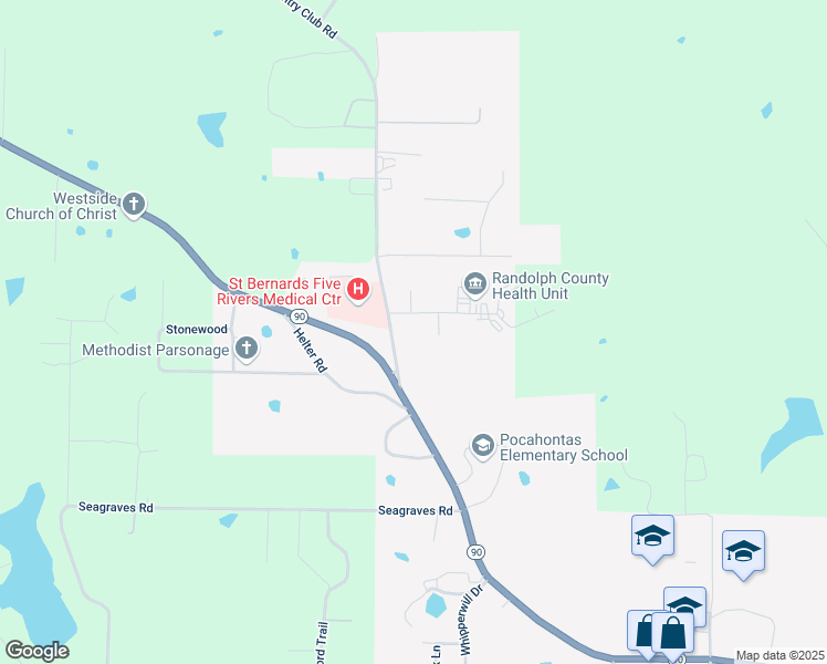 map of restaurants, bars, coffee shops, grocery stores, and more near 206 Camp Road in Pocahontas