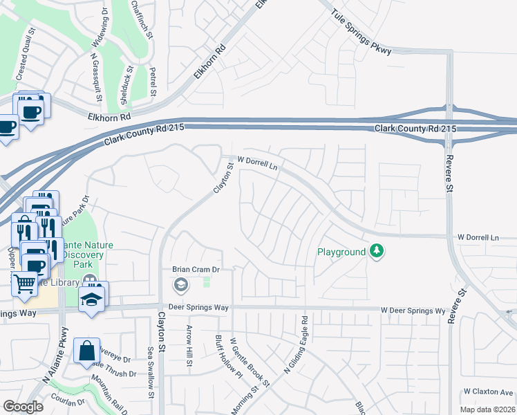 map of restaurants, bars, coffee shops, grocery stores, and more near 1635 Dire Wolf Avenue in North Las Vegas