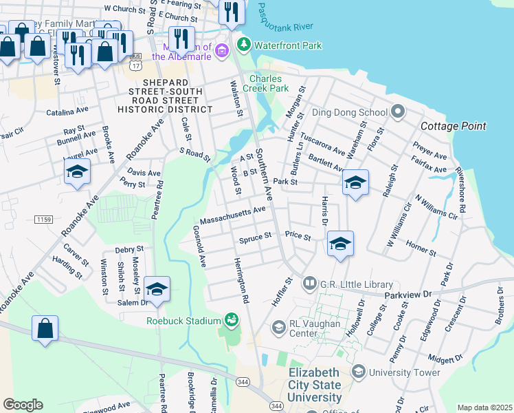 map of restaurants, bars, coffee shops, grocery stores, and more near 513 Witherspoon Street in Elizabeth City