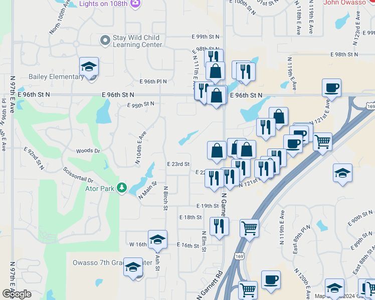 map of restaurants, bars, coffee shops, grocery stores, and more near 305 East 24th Court in Owasso