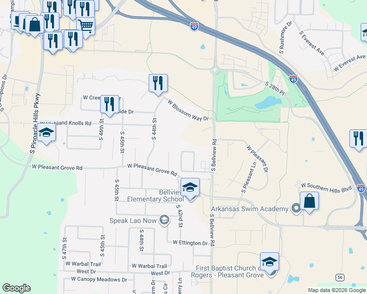map of restaurants, bars, coffee shops, grocery stores, and more near 4209 West Pleasant Drive in Rogers