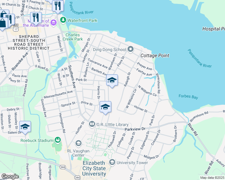 map of restaurants, bars, coffee shops, grocery stores, and more near 1007 Park Street in Elizabeth City
