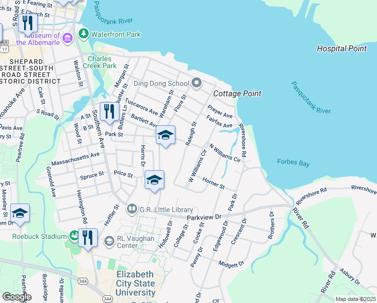 map of restaurants, bars, coffee shops, grocery stores, and more near 1106 Raleigh Street in Elizabeth City